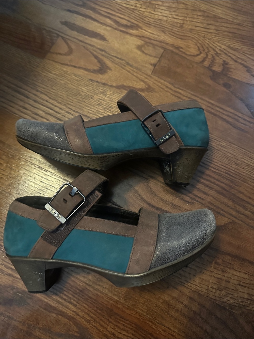 Naot Teal and Gray Mary Jane Loafers with Brown Trim